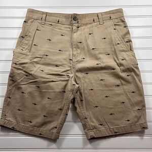 Faded Glory Shark Print Chino Shorts Mens 34 Khaki Tan Nautical Flat Front